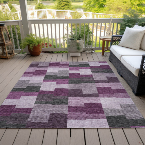 9' X 12' Merlot Mauve And Charcoal Geometric Washable Indoor Outdoor Area Rug