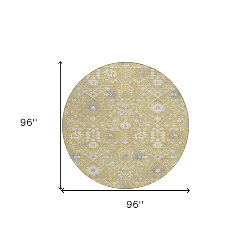 8' Gold Ivory And Gray Round Oriental Washable Indoor Outdoor Area Rug