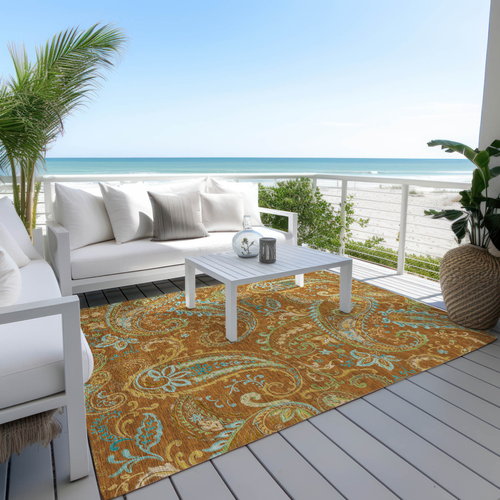 10' X 14' Orange Paisley Washable Non Skid Indoor Outdoor Area Rug