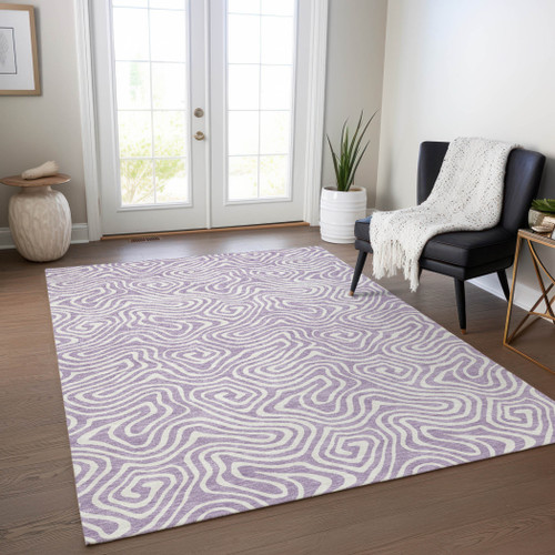 9' X 12' Lavender And Ivory Abstract Washable Indoor Outdoor Area Rug
