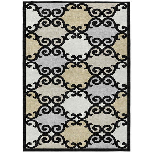 9' X 12' Black Gray And Ivory Trellis Washable Indoor Outdoor Area Rug