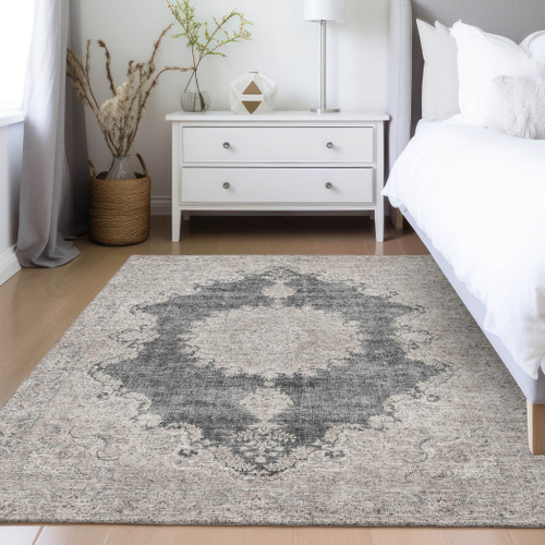 8' X 10' Black And Ivory Oriental Washable Indoor Outdoor Area Rug