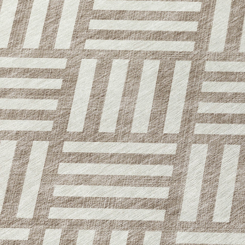 8' Taupe And Ivory Round Geometric Washable Indoor Outdoor Area Rug