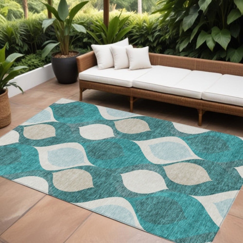 10' X 14' Teal Blue Sky Blue And Ivory Ogee Washable Indoor Outdoor Area Rug
