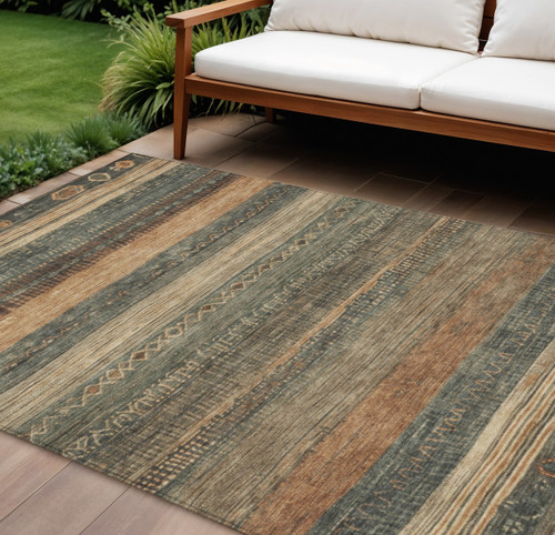 9' X 12' Fern Green And Rust Aztec Washable Indoor Outdoor Area Rug