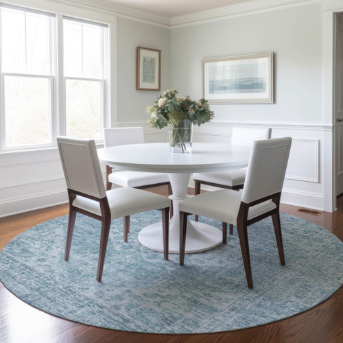 8' Sky Blue And Ivory Round Oriental Washable Indoor Outdoor Area Rug