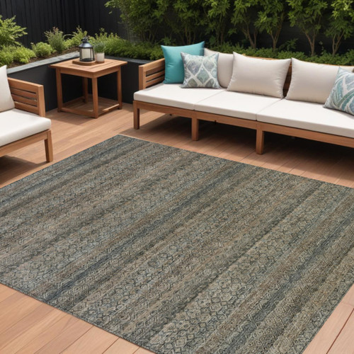 8' X 10' Chocolate And Gray Striped Washable Indoor Outdoor Area Rug
