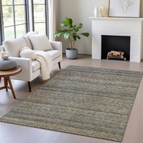 8' X 10' Chocolate And Gray Striped Washable Indoor Outdoor Area Rug