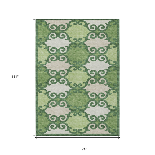 9' X 12' Green And Ivory Trellis Washable Indoor Outdoor Area Rug