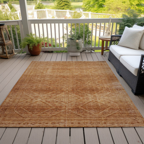 8' X 10' Copper And Ivory Geometric Washable Indoor Outdoor Area Rug - Copper, Ivory