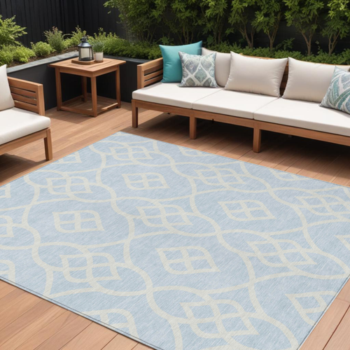 8' X 10' Sky Blue And Ivory Trellis Washable Indoor Outdoor Area Rug