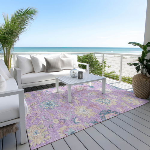 10' X 14' Purple Ivory And Denim Blue Floral Washable Indoor Outdoor Area Rug