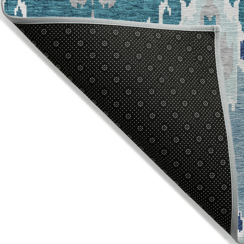 8' X 10' Teal Blue Navy Blue And Gray Ikat Washable Indoor Outdoor Area Rug