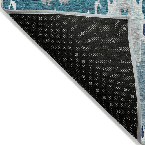 8' X 10' Teal Blue Navy Blue And Gray Ikat Washable Indoor Outdoor Area Rug
