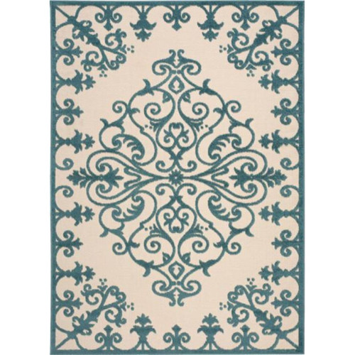 10' X 13' Aqua Damask Non Skid Indoor Outdoor Area Rug