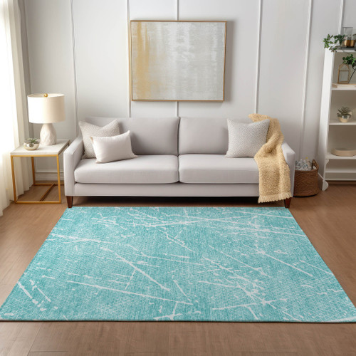 10' X 14' Teal Blue And Ivory Abstract Washable Indoor Outdoor Area Rug