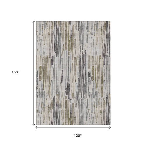 10' X 14' Beige And Gray Striped Washable Indoor Outdoor Area Rug