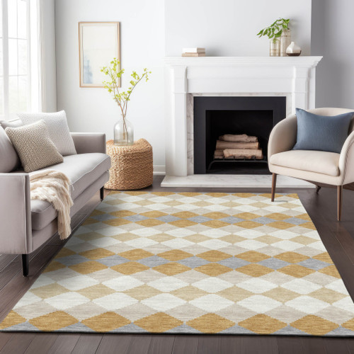 8' X 10' Gold Copper And Ivory Geometric Washable Indoor Outdoor Area Rug