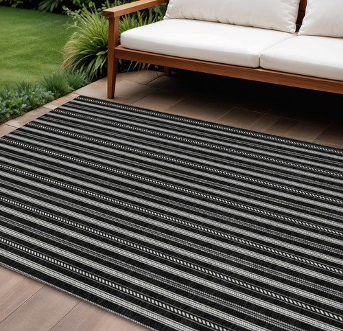 10' X 14' Black And Ivory Striped Washable Indoor Outdoor Area Rug