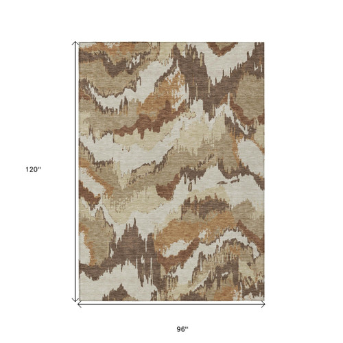 8' X 10' Brown And Beige Abstract Washable Indoor Outdoor Area Rug
