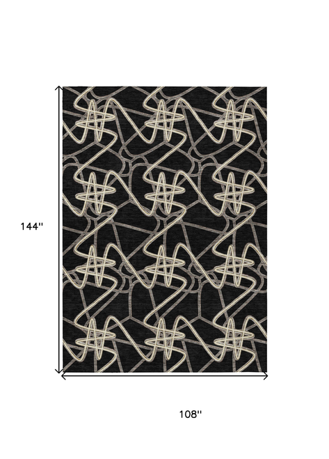 9' X 12' Black Ivory And Brown Geometric Washable Indoor Outdoor Area Rug