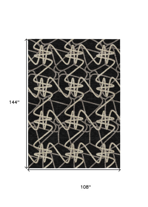 9' X 12' Black Ivory And Brown Geometric Washable Indoor Outdoor Area Rug