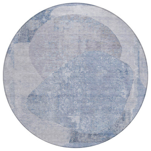 8' Sky Blue And Denim Blue Round Abstract Washable Indoor Outdoor Area Rug - Sky Blue, Denim Blue