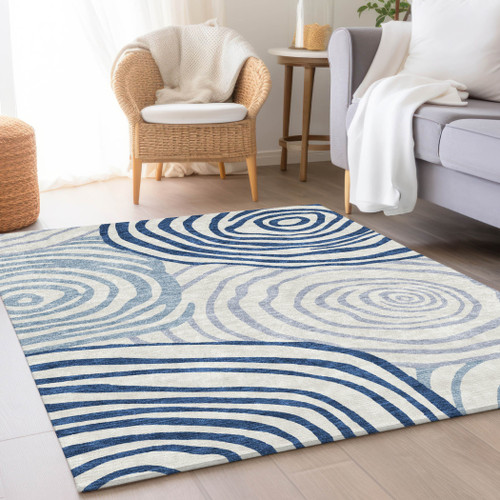 10' X 14' Ivory And Navy Blue Abstract Washable Indoor Outdoor Area Rug