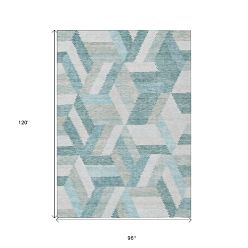 8' X 10' Teal Blue Geometric Washable Indoor Outdoor Area Rug