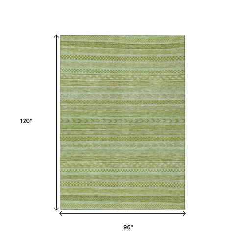 8' X 10' Fern Green And Sage Striped Washable Indoor Outdoor Area Rug