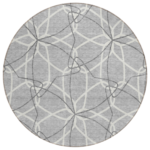 8' Gray And Ivory Round Geometric Washable Indoor Outdoor Area Rug
