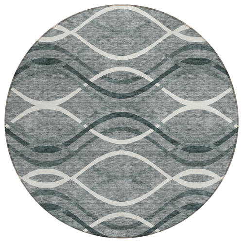 8' Gray Ivory And Charcoal Round Abstract Washable Indoor Outdoor Area Rug
