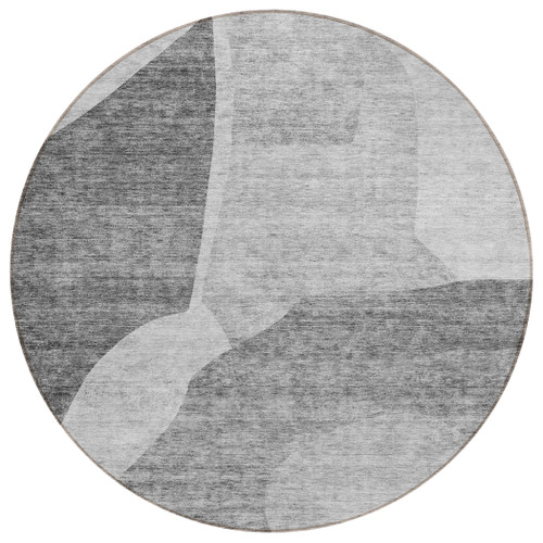 8' Silver Gray And Graphite Round Abstract Washable Indoor Outdoor Area Rug