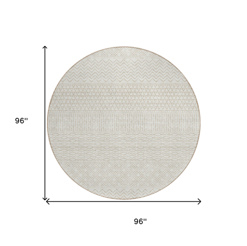 8' Ivory And Beige Round Chevron Washable Indoor Outdoor Area Rug