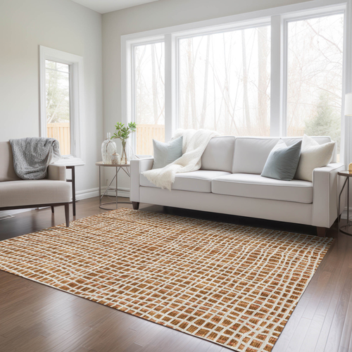 9' X 12' Orange Beige And Copper Striped Washable Indoor Outdoor Area Rug