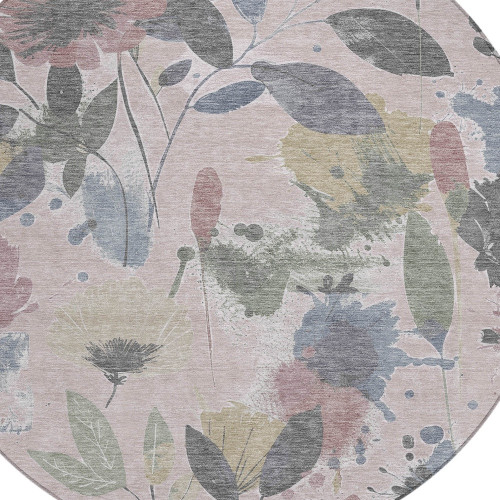 8' Blush And Mauve Round Floral Washable Indoor Outdoor Area Rug