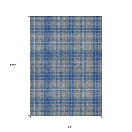 8' X 10' Gray Blue And Ivory Plaid Washable Indoor Outdoor Area Rug