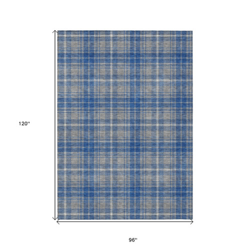 8' X 10' Gray Blue And Ivory Plaid Washable Indoor Outdoor Area Rug