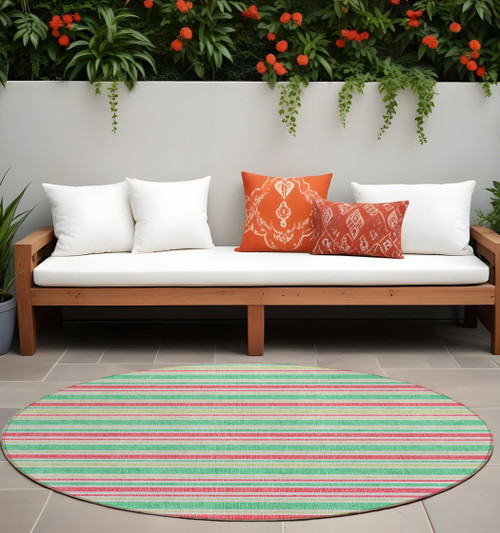 8' Round Green Round Striped Washable Non Skid Indoor Outdoor Area Rug