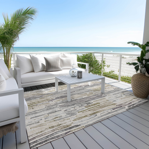 9' X 12' Beige And Gray Striped Washable Indoor Outdoor Area Rug
