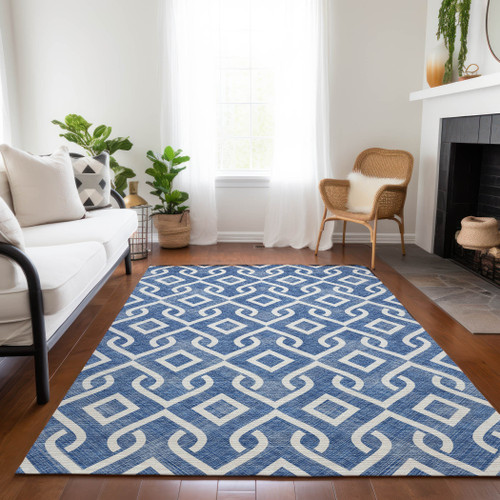 8' X 10' Blue And Ivory Geometric Washable Indoor Outdoor Area Rug