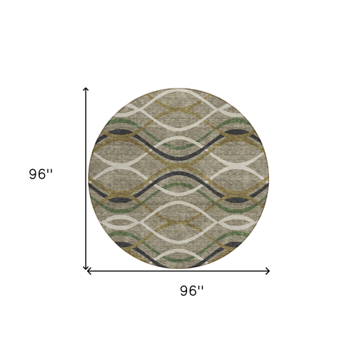 8' Taupe Beige And Charcoal Round Abstract Washable Indoor Outdoor Area Rug