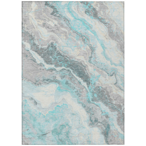 9' X 12' Teal Blue And Silver Abstract Washable Indoor Outdoor Area Rug