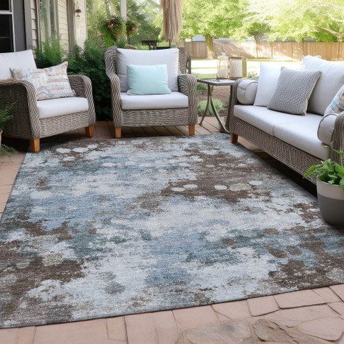 10' X 14' Sky Blue And Brown Abstract Washable Indoor Outdoor Area Rug