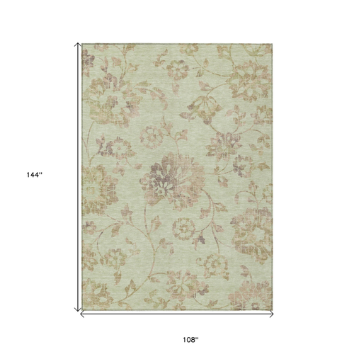 9' X 12' Artichoke Green Mint Green And Taupe Floral Washable Indoor Outdoor Area Rug