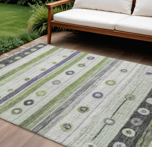 9' X 12' Artichoke Green Purple And Ivory Striped Washable Indoor Outdoor Area Rug