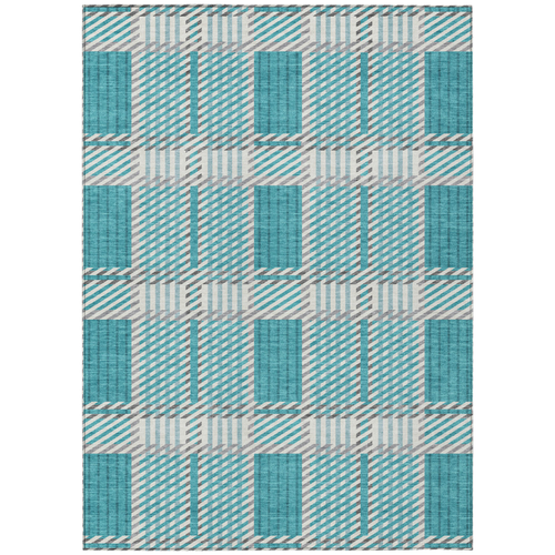 8' X 10' Teal Blue Gray And Ivory Plaid Washable Indoor Outdoor Area Rug
