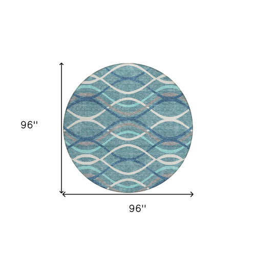 8' Teal Blue Navy Blue And Gray Round Abstract Washable Indoor Outdoor Area Rug