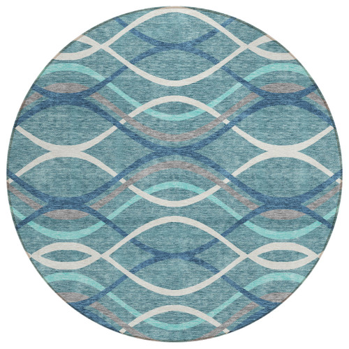 8' Teal Blue Navy Blue And Gray Round Abstract Washable Indoor Outdoor Area Rug - Teal Blue, Navy Blue, Gray