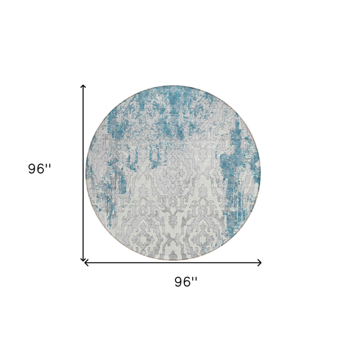 8' Teal Blue Gray And Ivory Round Medallion Washable Indoor Outdoor Area Rug